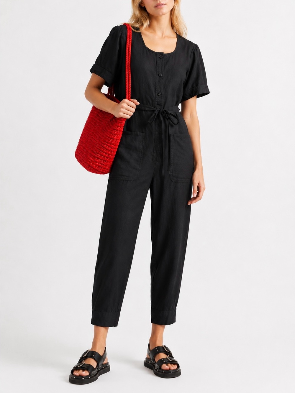 Joie Black Short-Sleeve Tie-Waist Linen oversized Jumpsuit size XS